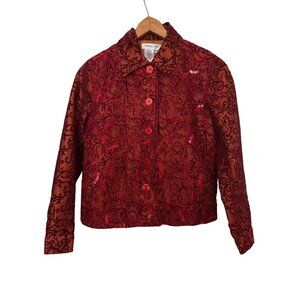 Women's Coldwater Creek Beaded Jacket Blazer Velvet Burnout Red  PXS Lined VGC